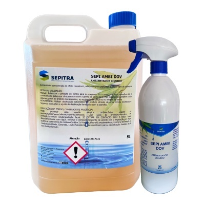Ambientador líquido SEPITRA em dois recipientes, um de 5L e outro com pulverizador