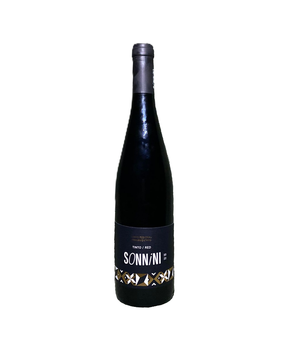 Garrafa de vinho tinto SONNINI com rótulo preto e detalhes geométricos