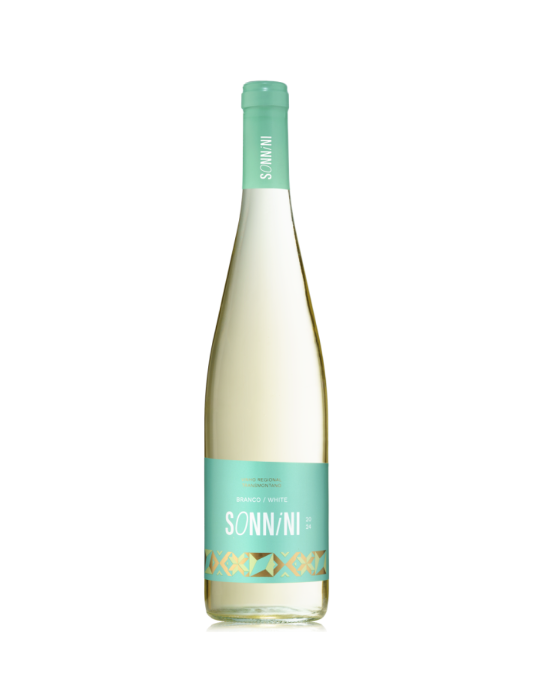 Garrafa de vinho branco SONN/NI com rótulo verde água e detalhes dourados