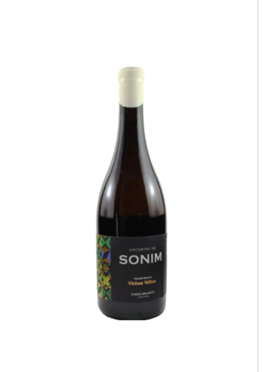 Garrafa de vinho Encostas de Sonim com rótulo preto e design geométrico colorido