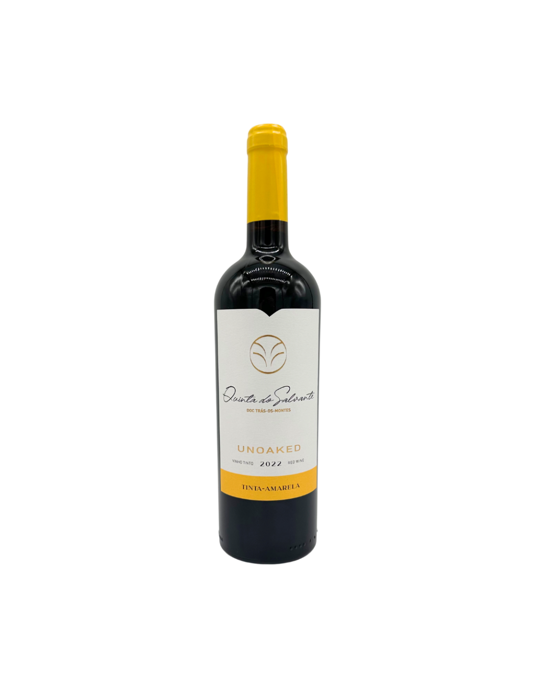 Garrafa de vinho tinto com rótulo branco e tampa amarela sobre fundo branco