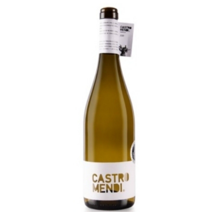 Garrafa de vinho branco Castro Mendi com rótulo branco e dourado