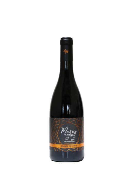 Garrafa de vinho tinto Maria Gas com rótulo preto e laranja