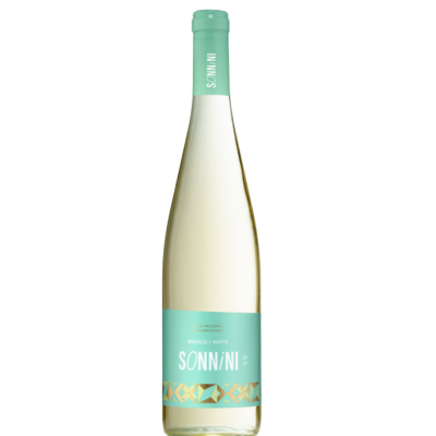 Garrafa de vinho branco SONN/NI com rótulo verde água e detalhes dourados