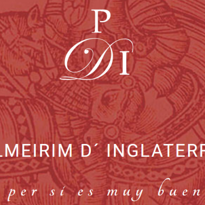 Logotipo com letras e texto sobre fundo vermelho com padrão floral