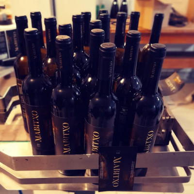 Garrafas de vinho tinto MARTIXO em suporte metálico em ambiente interno