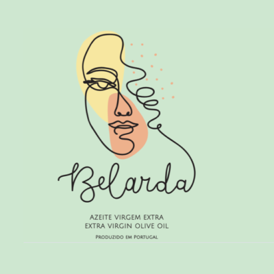 Logótipo com rosto estilizado e texto do azeite Belarda em fundo verde claro