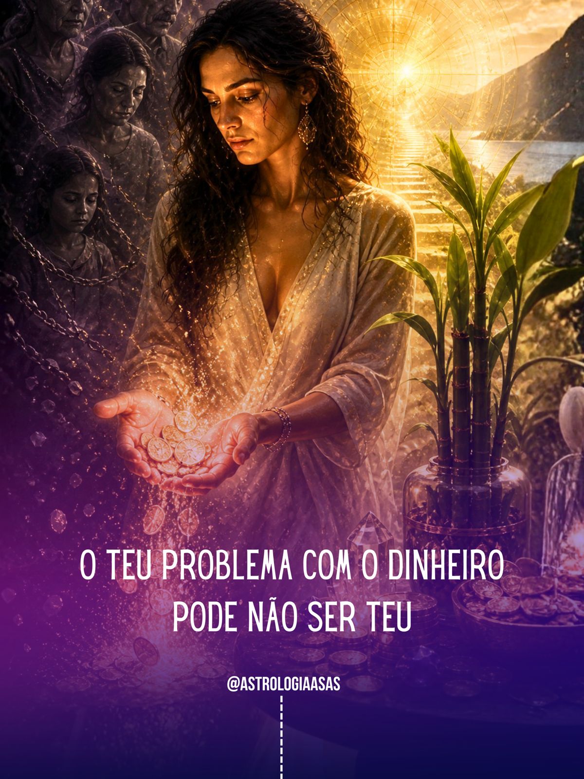 Mulher com moedas douradas nas mãos, planta em vaso de vidro e texto em português sobre dinheiro