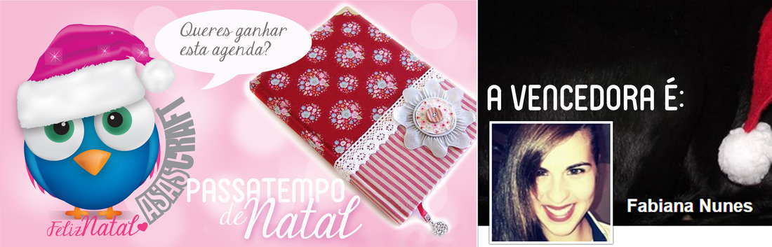 Cartão natalício com padrão vermelho e branco, figura azul com chapéu de Natal e texto de passatempo, foto da vencedora Fabiana Nunes