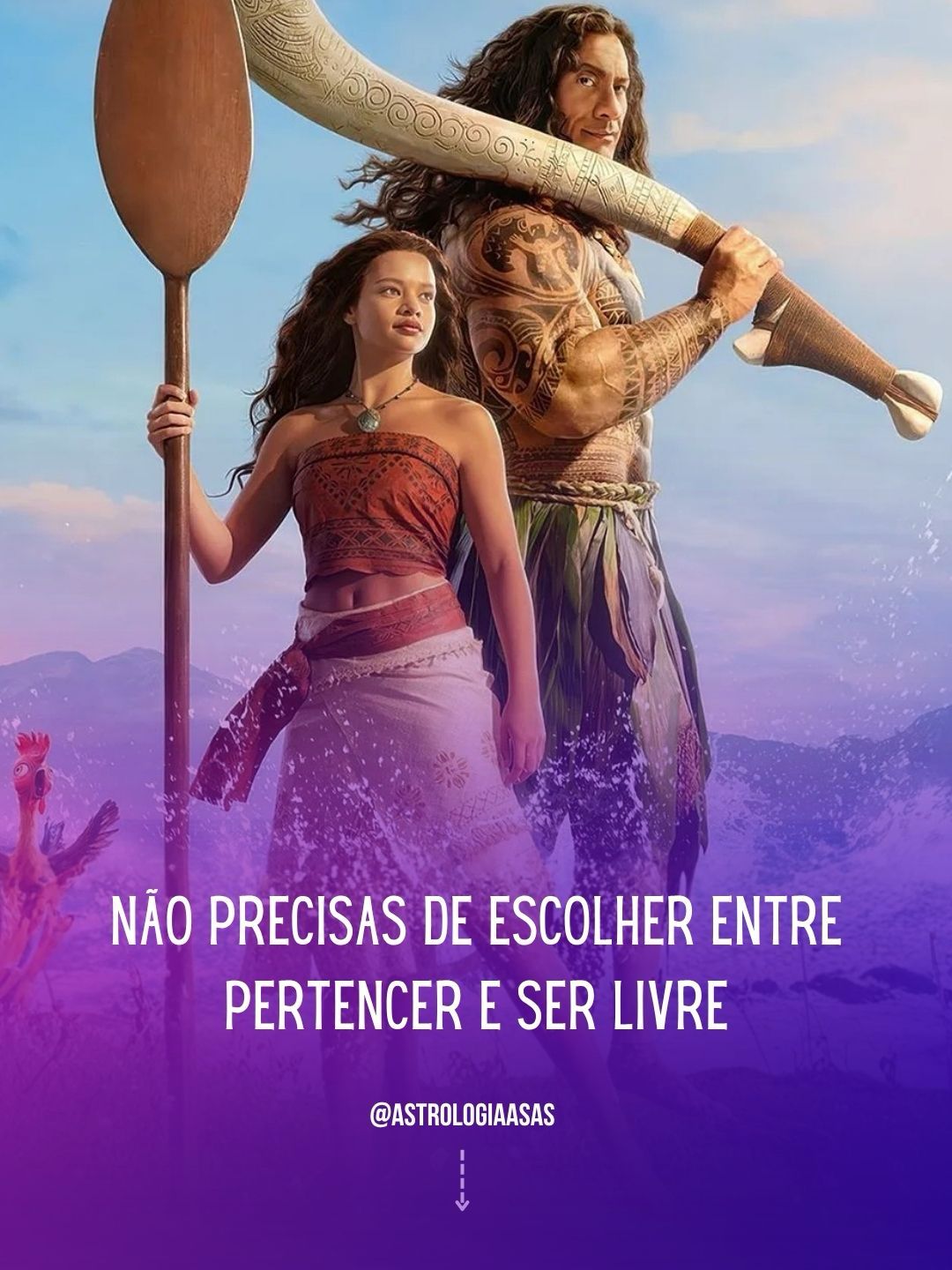 Dois personagens polinésios com remo de madeira e osso decorado, com texto em português