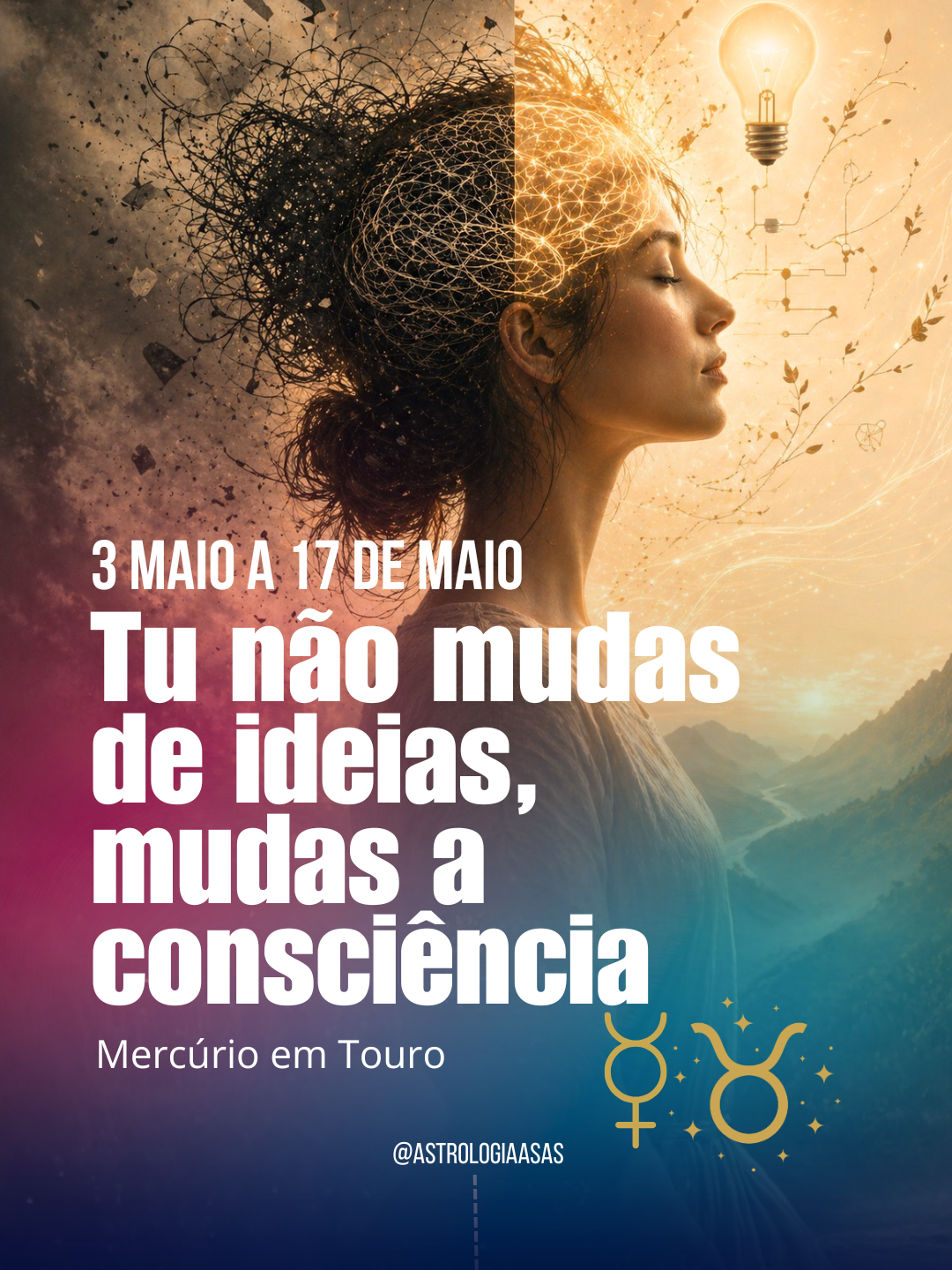 Mulher de perfil com linhas luminosas na cabeça e texto astrológico em fundo colorido.