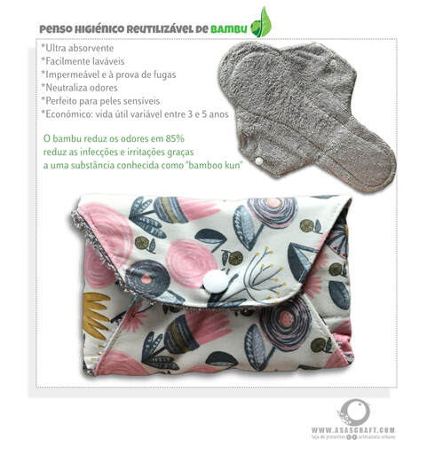 penso higiénico reutilizável cinza e estojo floral colorido