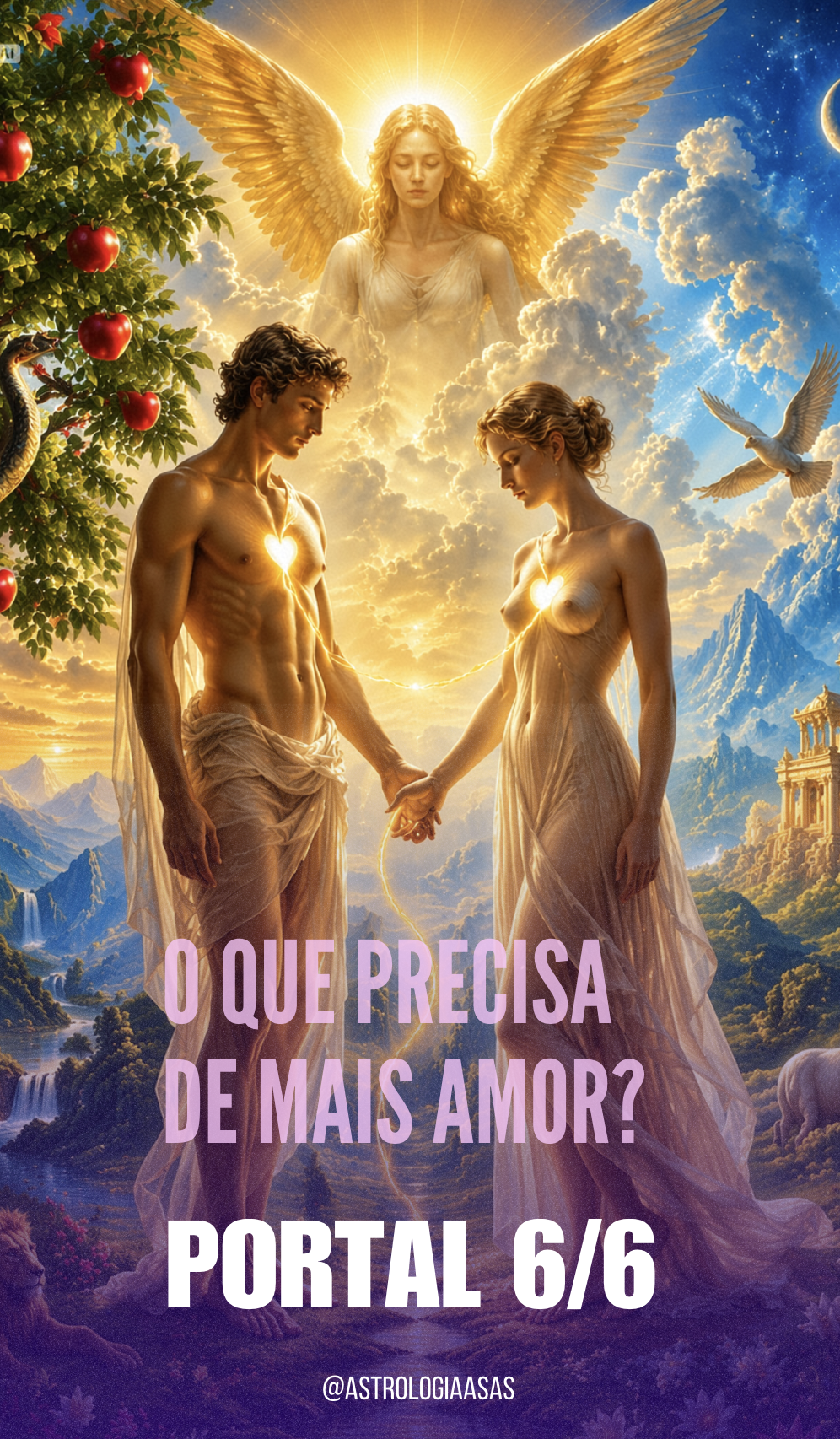 Casal com corações iluminados ligados por fio dourado diante de anjo de asas douradas com texto em português sobre amor.