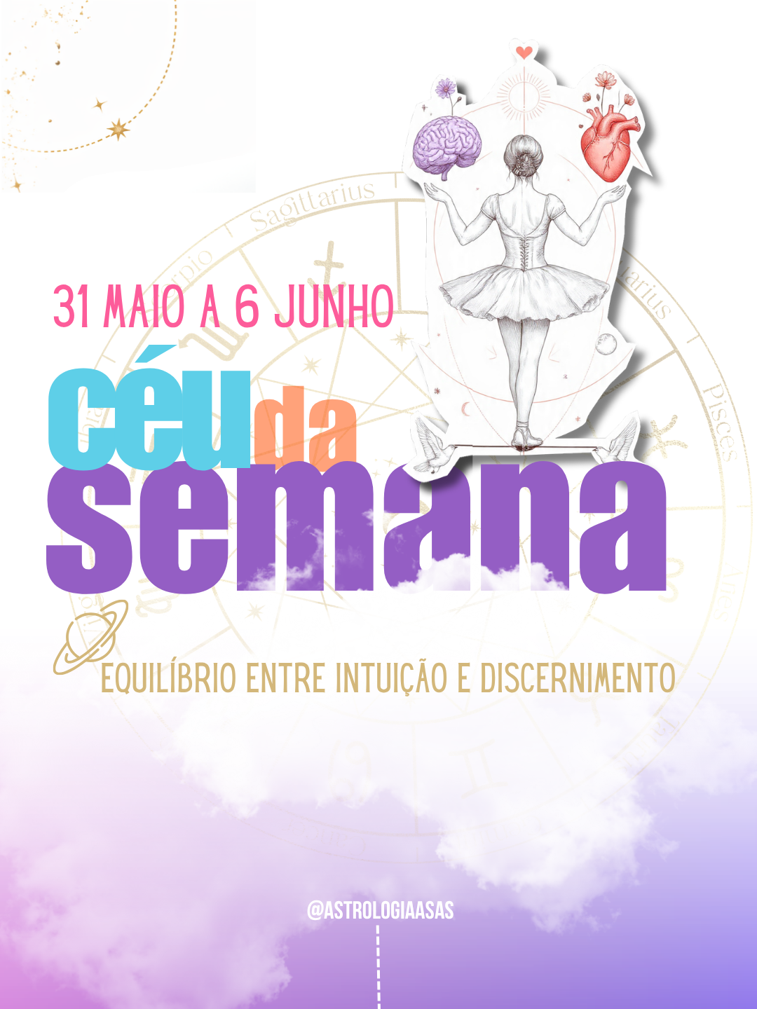 Imagem com bailarina, cérebro, coração e texto sobre céu da semana de 31 maio a 6 junho