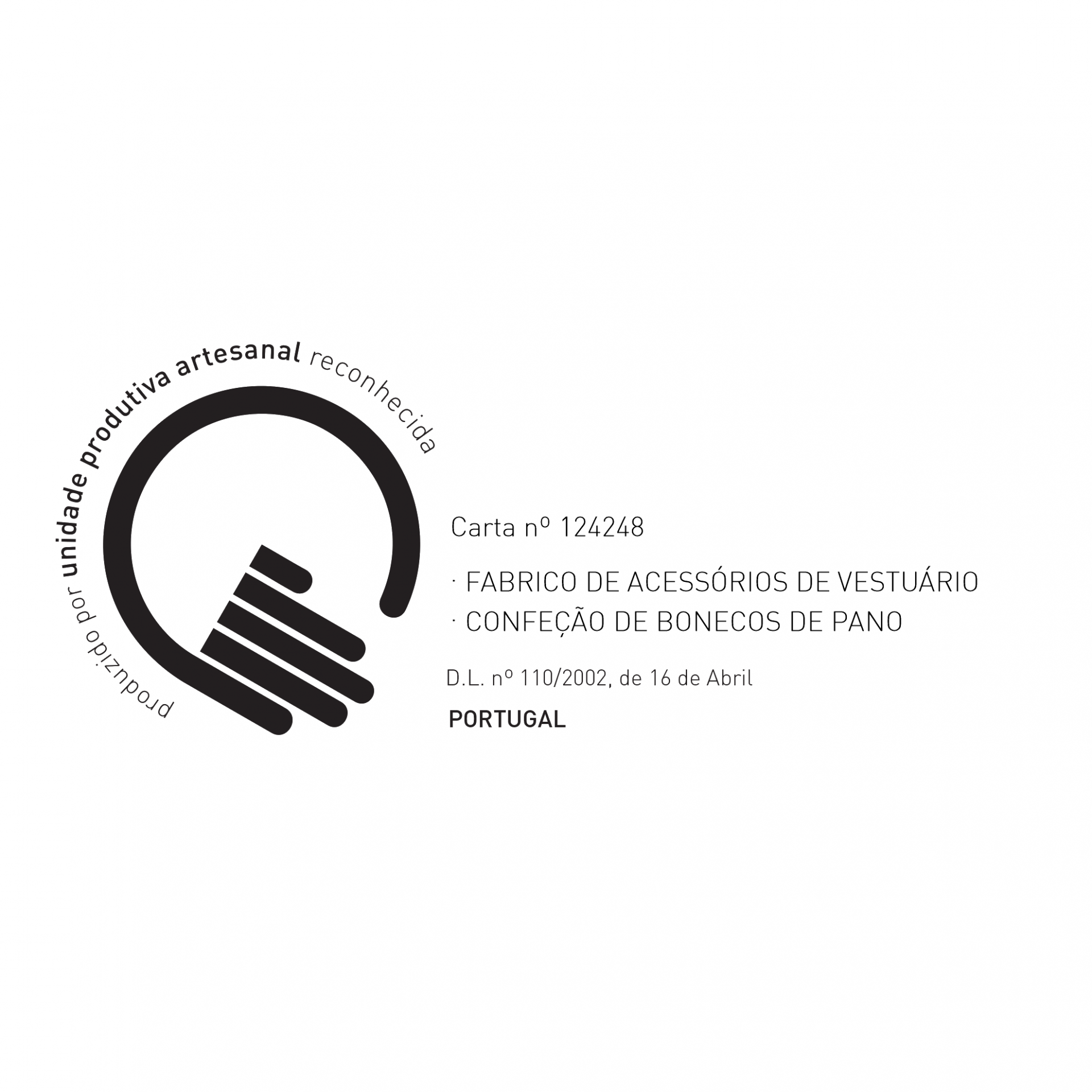 Selo com mão estilizada e texto indicando fabrico artesanal em Portugal