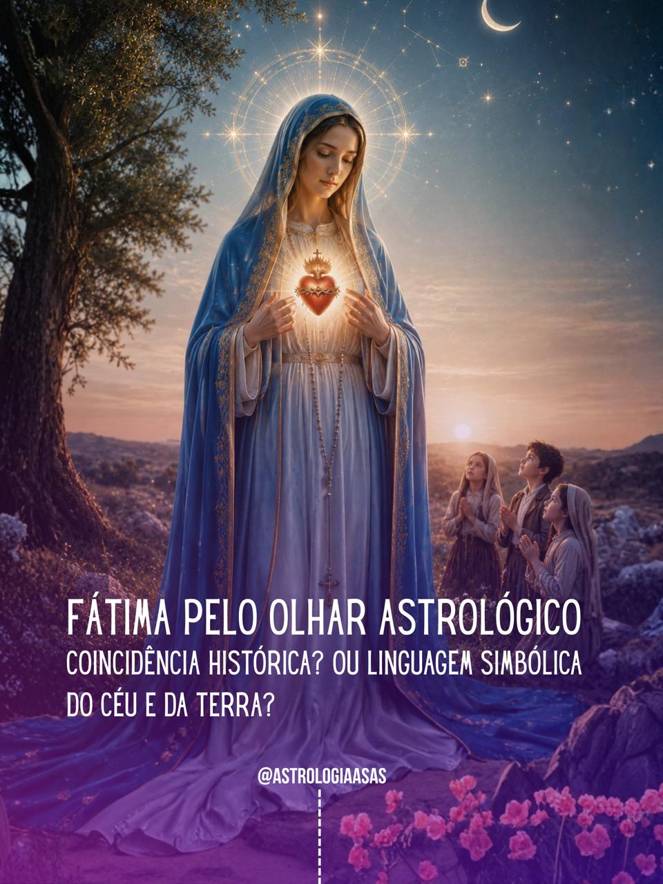 Figura feminina com túnica azul e branca segurando um coração ardente, com três crianças ajoelhadas e texto em português na imagem.