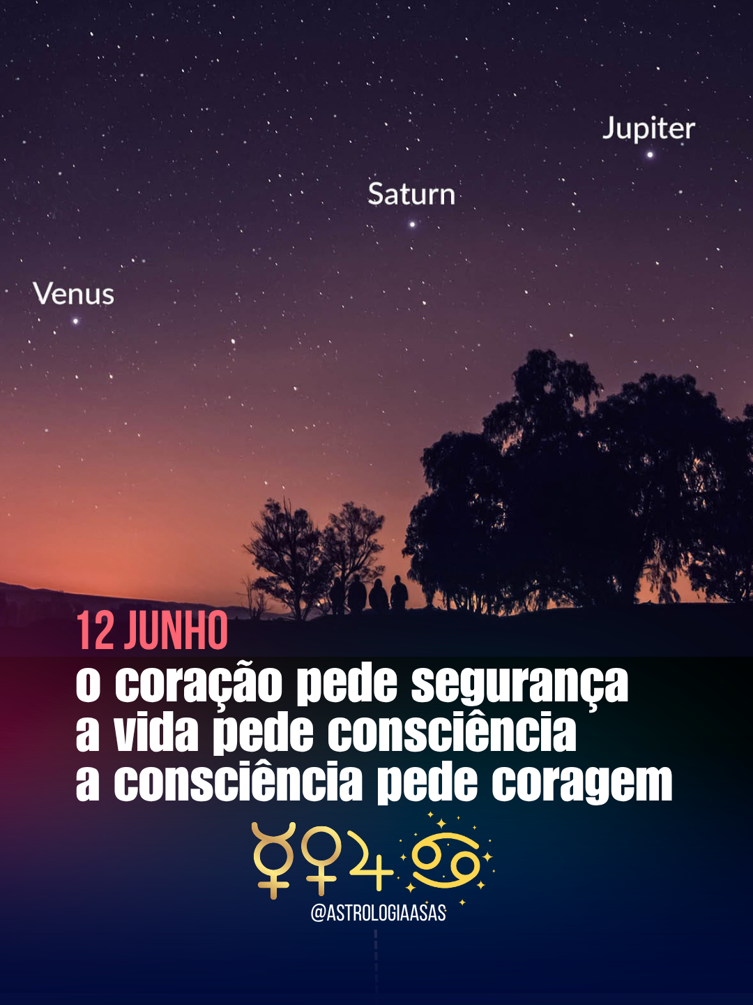 Céu noturno estrelado com planetas Venus, Saturn e Jupiter, texto em português e silhuetas de árvores e pessoas