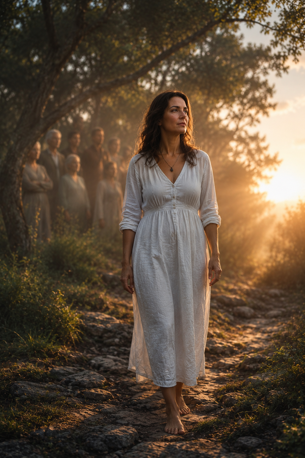 Vestido feminino longo branco em trilha rochosa ao pôr do sol