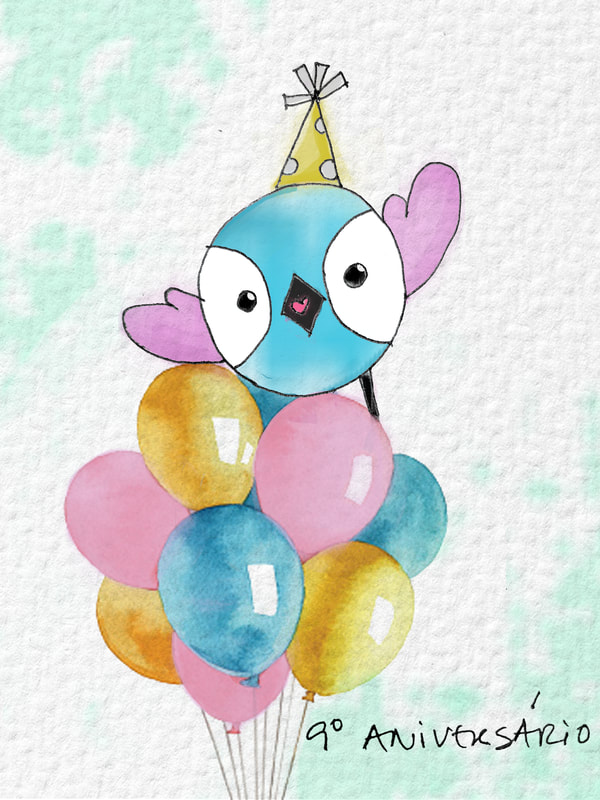 Desenho de pássaro azul com balões coloridos e texto 9º ANIVERSÁRIO