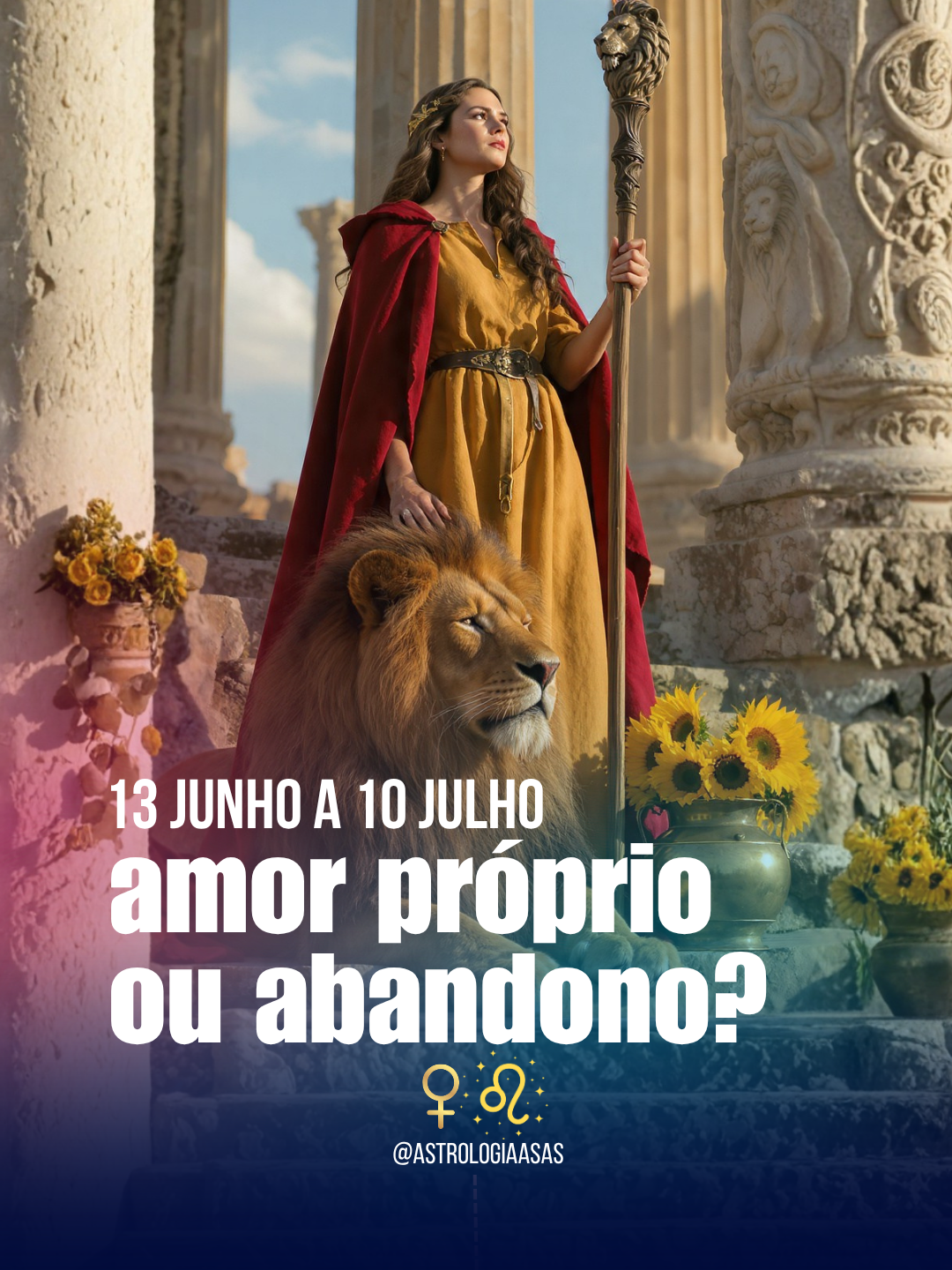 Mulher vestida com vestido amarelo e capa vermelha com bastão ao lado de leão real junto a colunas e flores amarelas