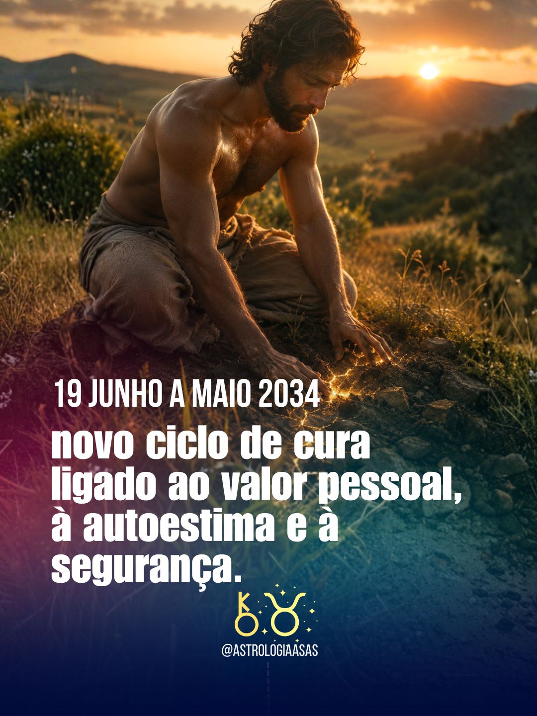 Homem sem camisa ajoelhado na terra ao pôr do sol com texto de anúncio em português.