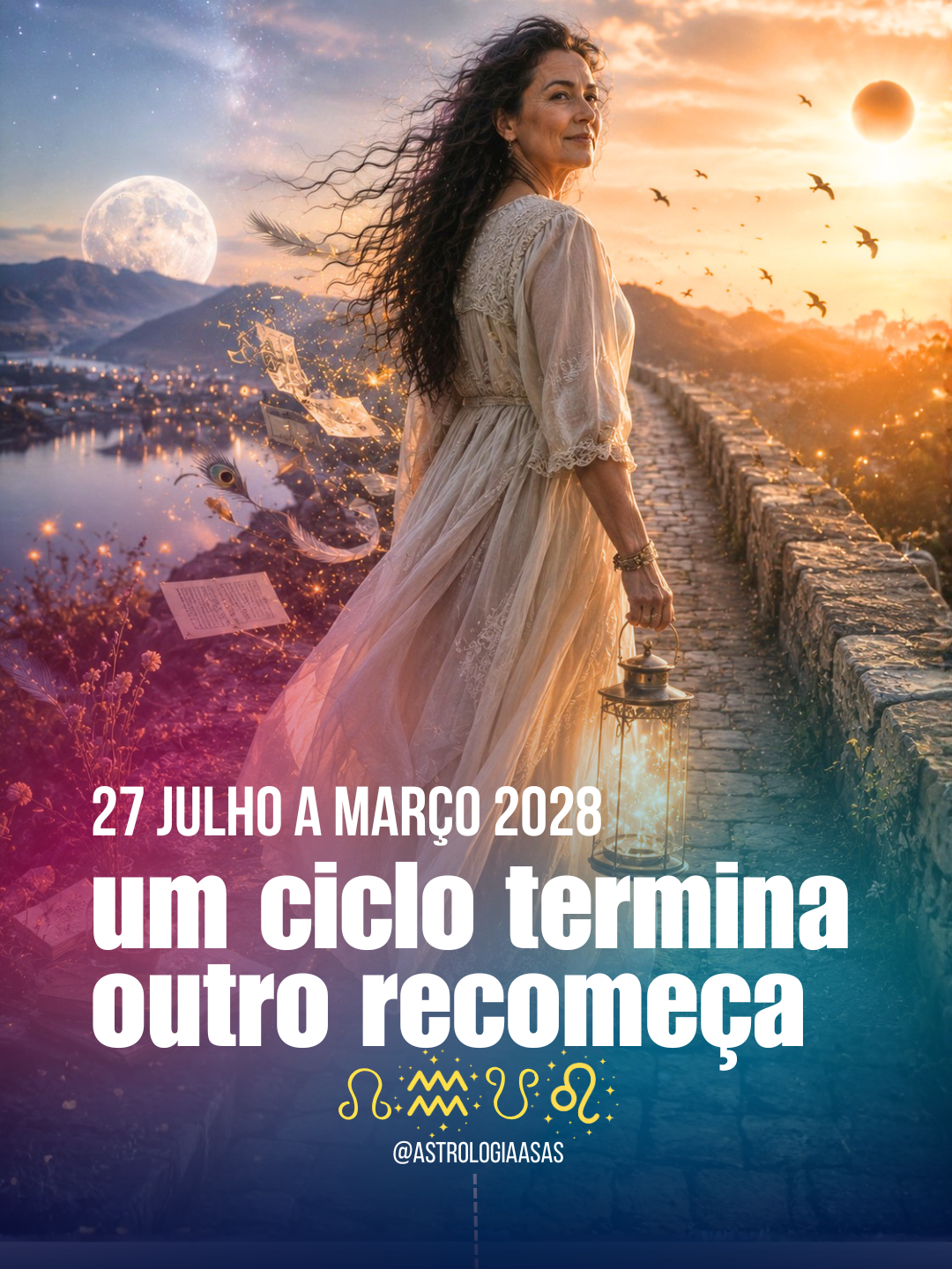 Mulher de vestido branco com lanterna em caminho de pedra ao entardecer com texto de astrologia