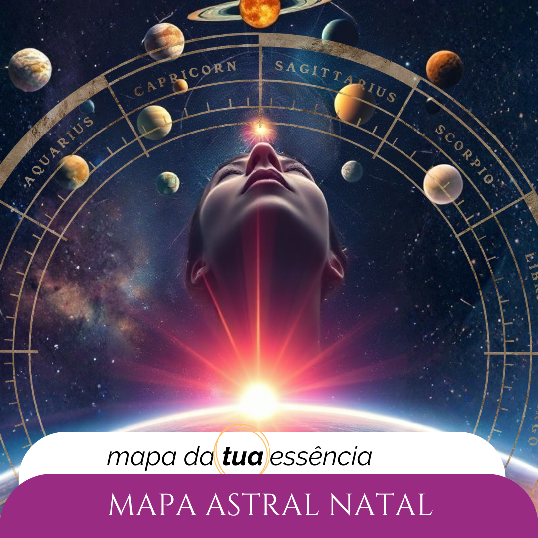 Mapa astral natal Mapa astral natal com planetas, estrelas e texto promocional