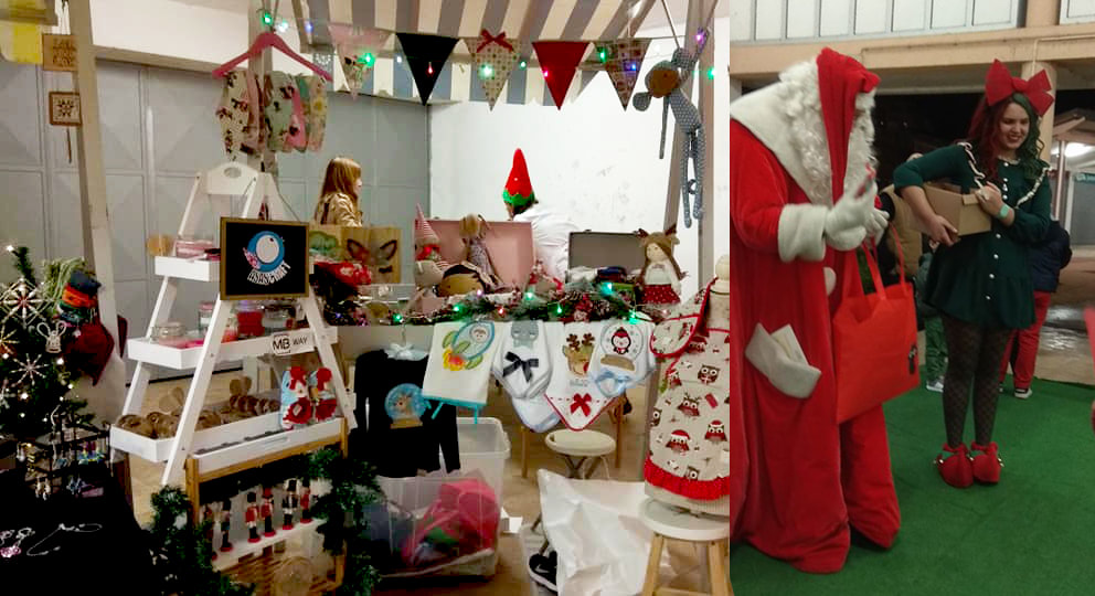 Mercado de Natal 2019 Feira de artesanato com artigos e decoração de Natal e pessoas vestidas a rigor