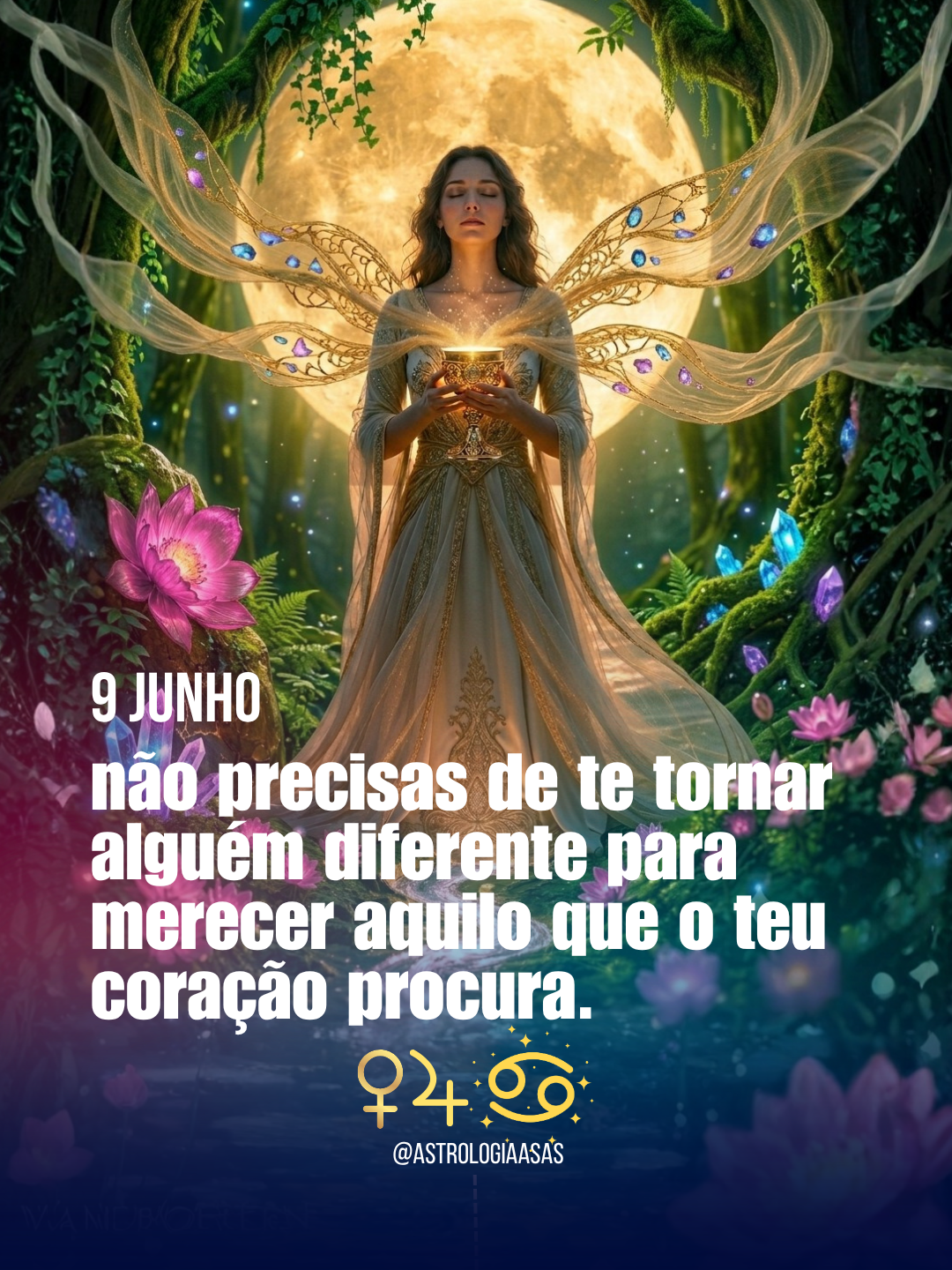 Mulher com vestido dourado e asas transparentes segurando cálice dourado iluminado com lua cheia ao fundo e natureza