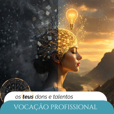 Rosto feminino dividido em sombra e luz com elementos gráficos e texto sobre vocação profissional.