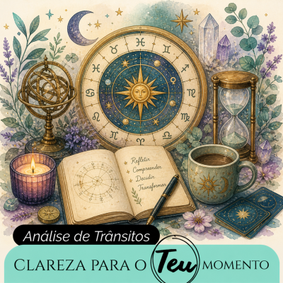 Instrumentos astrológicos e espirituais com texto em português