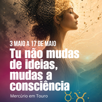 Mulher de perfil com linhas luminosas na cabeça e texto astrológico em fundo colorido.