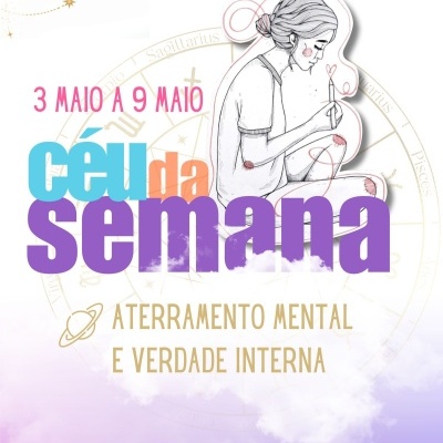 Cartaz com texto colorido, ilustração de mulher sentada desenhando coração e símbolos zodiacais ao fundo