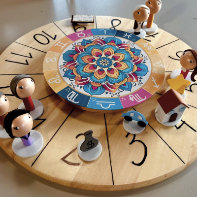 Tabuleiro de madeira com números e signos do zodíaco e figuras decorativas de madeira