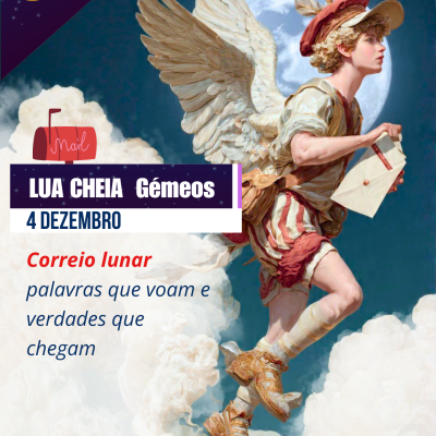 Ilustração de um mensageiro alado com carta, texto sobre lua cheia em Gémeos em 4 de dezembro