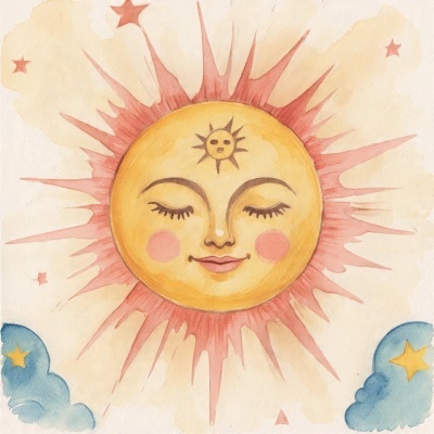 Desenho de sol amarelo com rosto sorridente e elementos celestes em aquarela