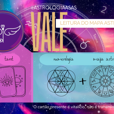 Vale leitura do mapa astral com elementos de tarot, numerologia e astros em fundo galáctico