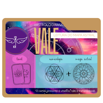 Vale de leitura do mapa astral com símbolos de tarot, numerologia e mapa astral
