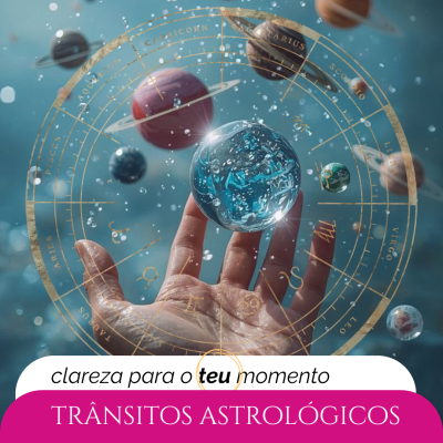 Mão segurando esfera azul com fundo de signos do zodíaco em dourado e texto promocional