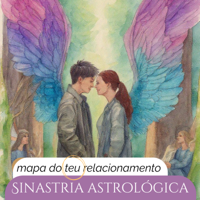 Casal com asas coloridas em floresta com texto sobre mapa do relacionamento e sinastria astrológica