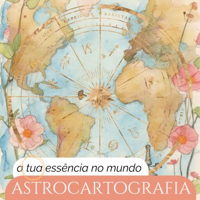 Mapa mundo aquarelado com círculo dourado de signos do zodíaco e texto ASTROCARTOGRAFIA