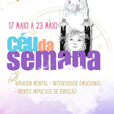 Ilustração de rapariga com coroa de flores e texto colorido sobre fundo astrológico