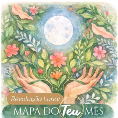 Ilustração artística com mãos, flores e lua cheia com texto Revolução Lunar MAPA DO Teu MÊS.