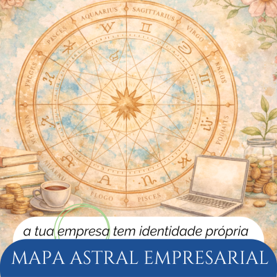 Mapa astral empresarial com elementos de escritório e texto promocional