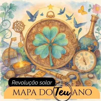 Ilustração de chaves douradas, um relógio antigo, trevo verde e flores em fundo aquarelado