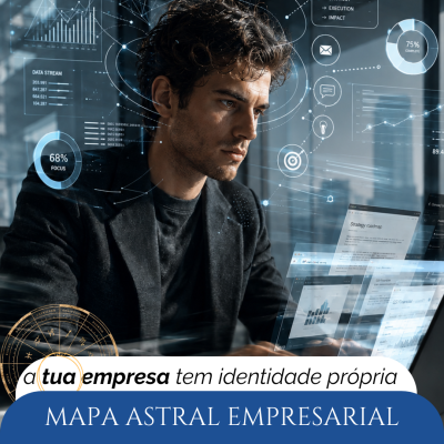 Homem usando blazer preto numa sala moderna com hologramas de gráficos e texto digital
