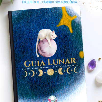 Capa de livro azul com um gato branco sobre a lua e texto GUIA LUNAR.