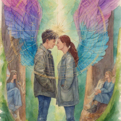 Ilustração de casal com asas coloridas e fundo de árvores e figuras sentadas