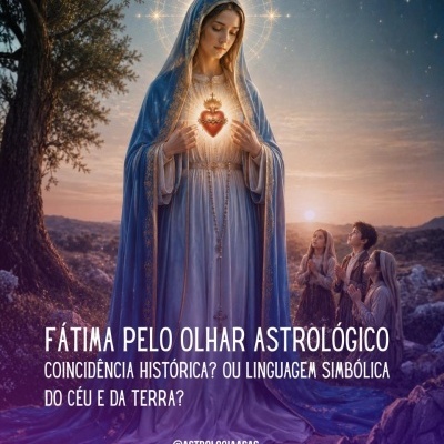 Figura feminina com túnica azul e branca segurando um coração ardente, com três crianças ajoelhadas e texto em português na imagem.