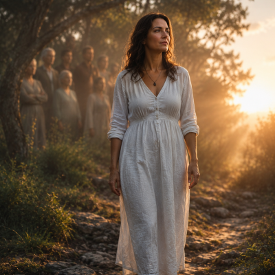 Vestido feminino longo branco em trilha rochosa ao pôr do sol